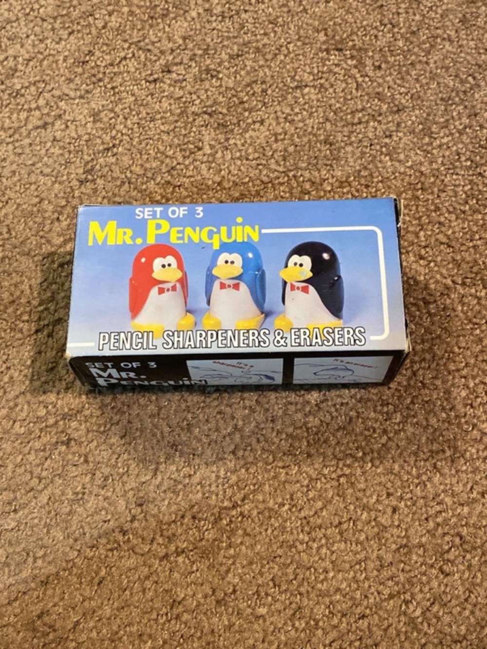 Vintage 1985 Mr. Penguin set of 3 Pencils sharpener and erasers